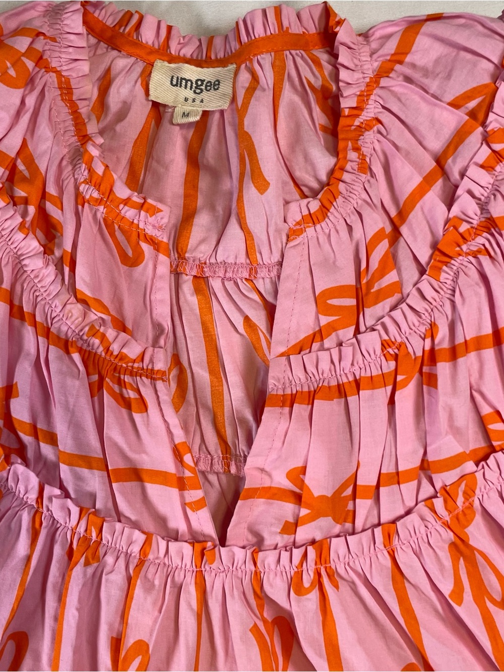 Umgee Pink Orange Bow Print Babydoll Tunic Top Puff Sleeve Medium - Picture 4 of 11